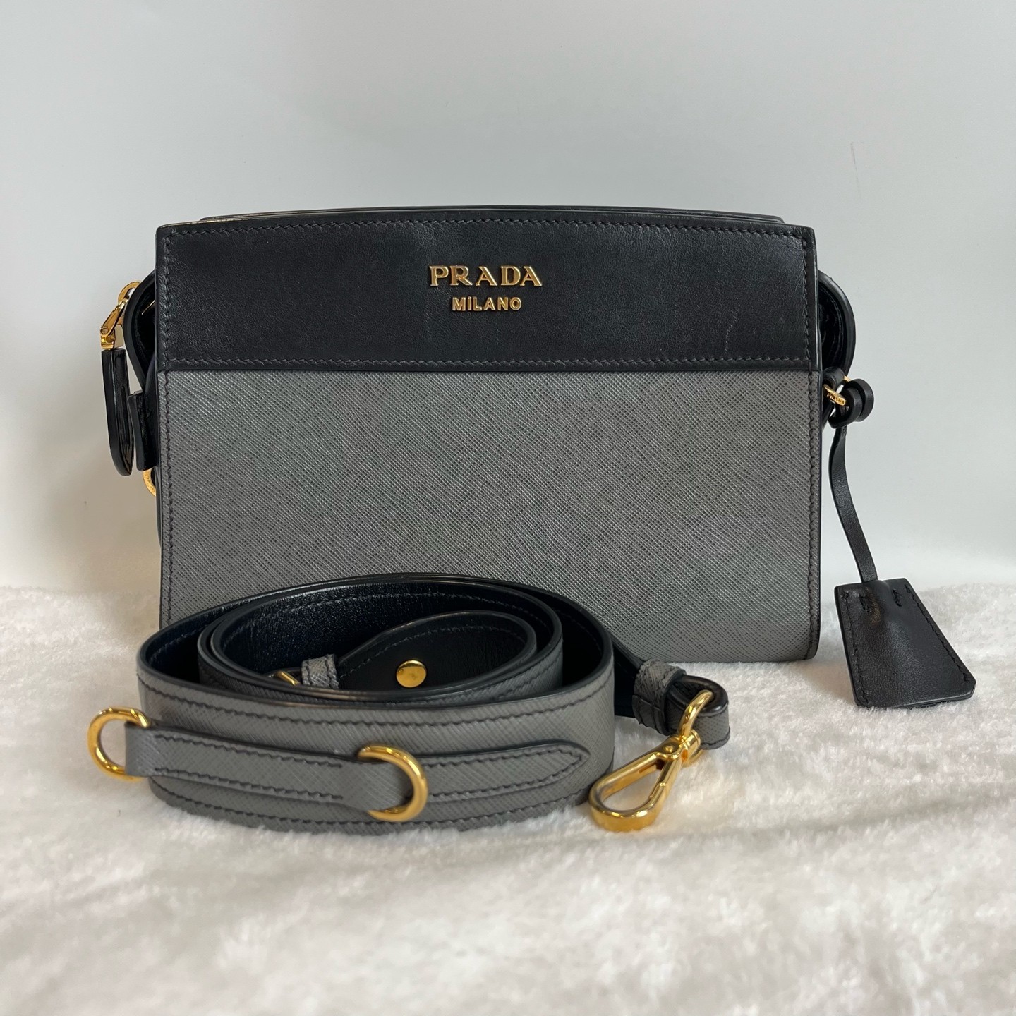 Prada Esplanade Grey/Black Colorblock Crossbody Bag Saffiano Leather Authentic