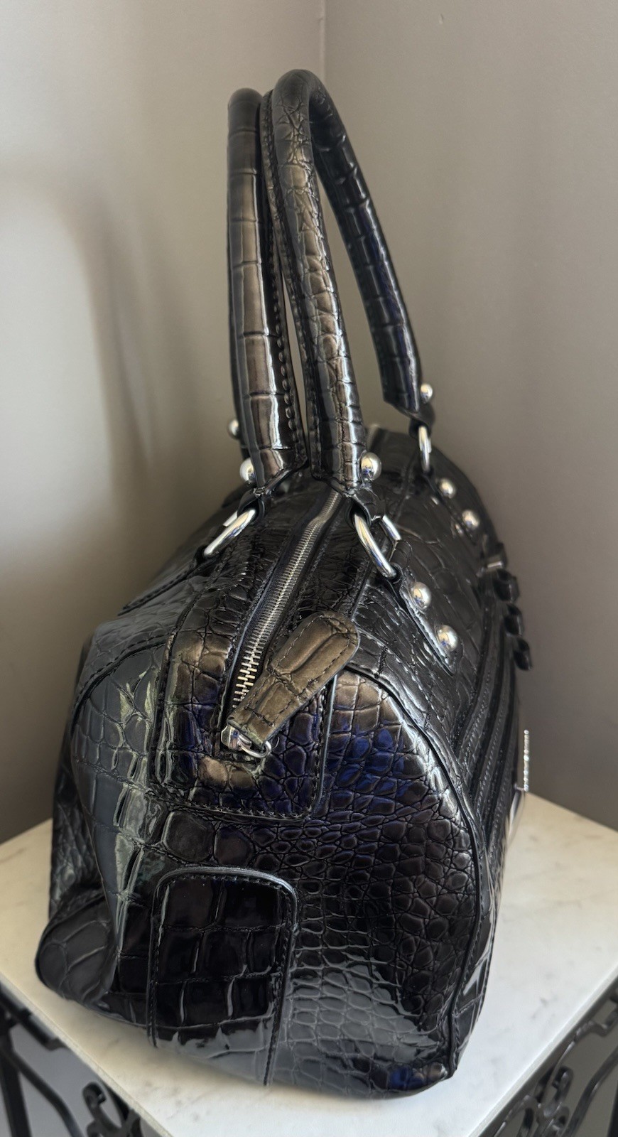 Vtg Guess 90’s Y2K Black Croc Patent Embossed Logo Doctor RHINESTONE Bow Bag