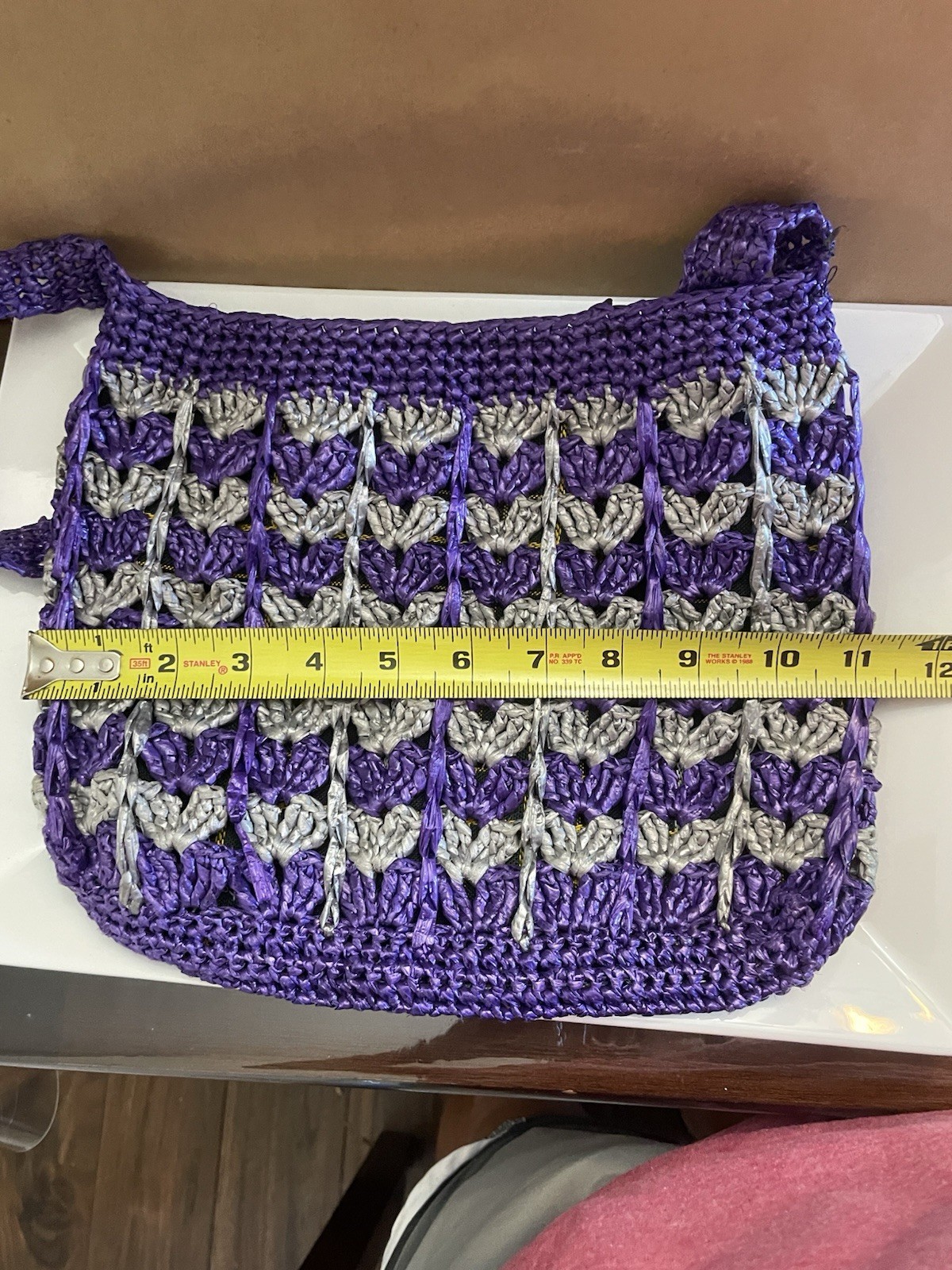 Handmade Purple & Gray Plaid Crochet Shoulder Bag Lined Black Fabric Casual