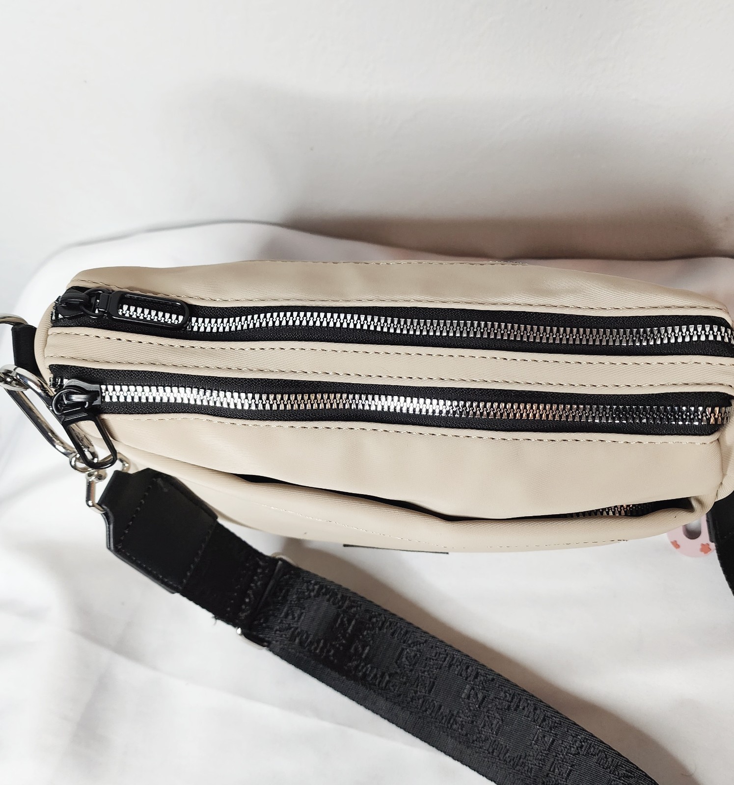 PMZ Neutral Beige Nylon Crossbody Bag with Logo Webbing Strap