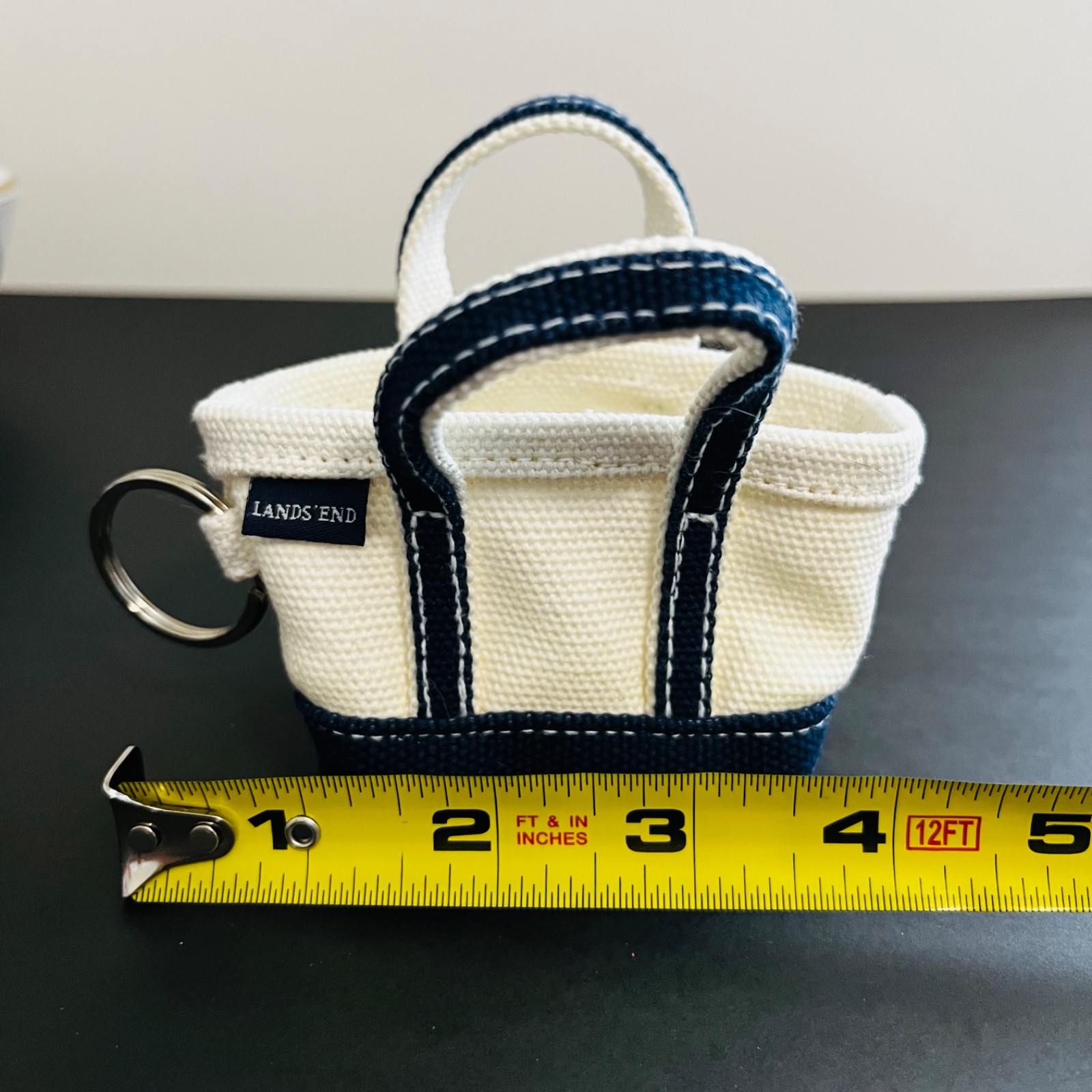 Lands End Micro Canvas Tote Bag Key Chain Bag Charm Navy Blue & Off White