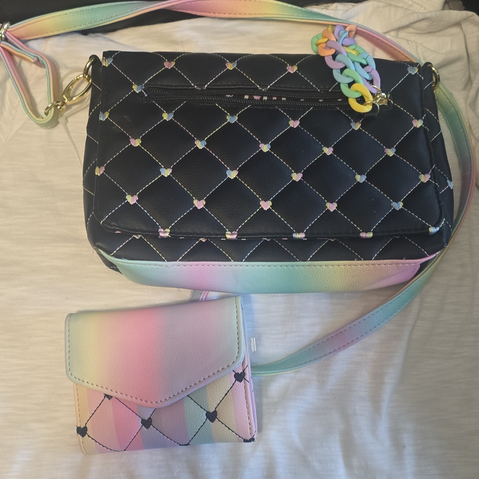 Luv Betsey by Betsey Johnson Black Quilted Heart Crossbody Rainbow Strap