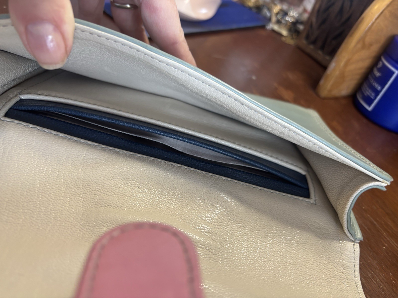 Vintage Leather Clutch Hand Bag Gray Pink Classic 80s 90s Look