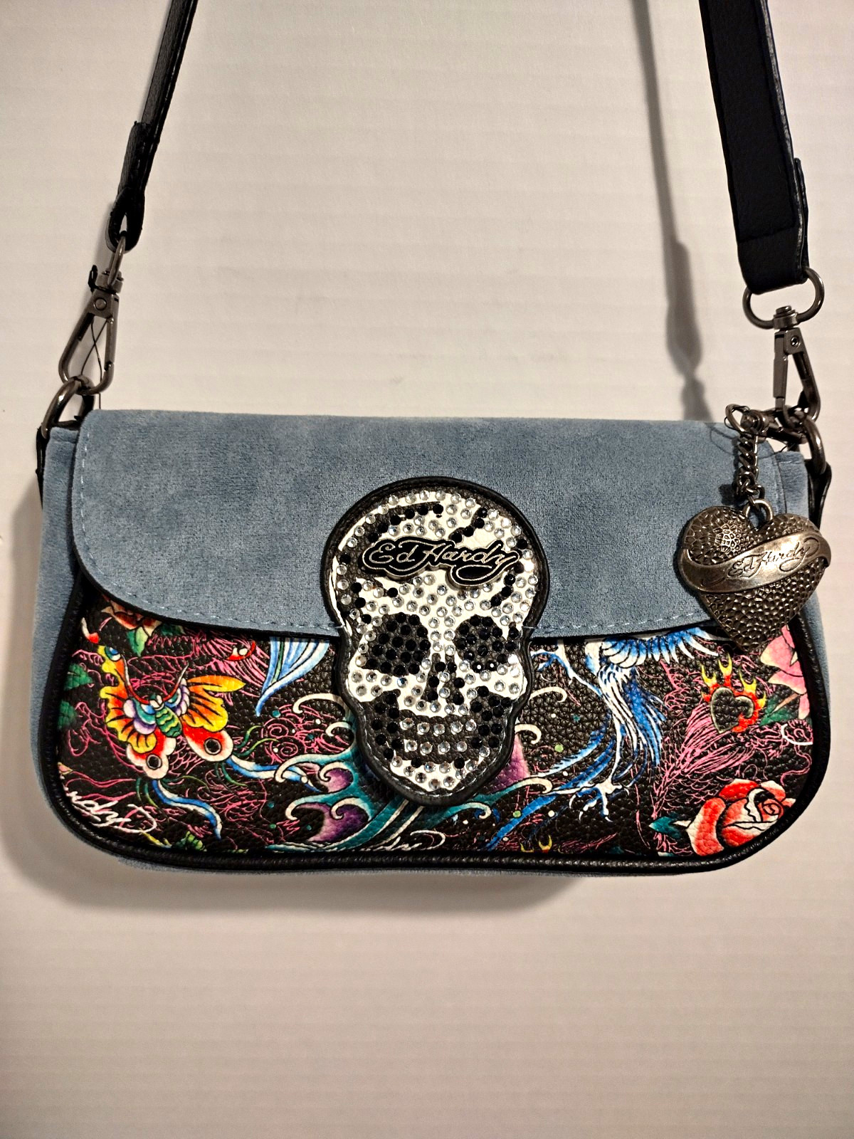 Ed Hardy Blue/Black Small Shoulder Bag, Skull Floral, Zip/Magnetic, Charm Strap