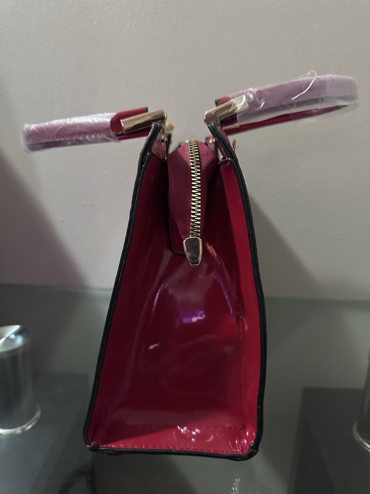 Red Croc Embossed Faux Leather Satchel Top Handle Bag Detachable Strap