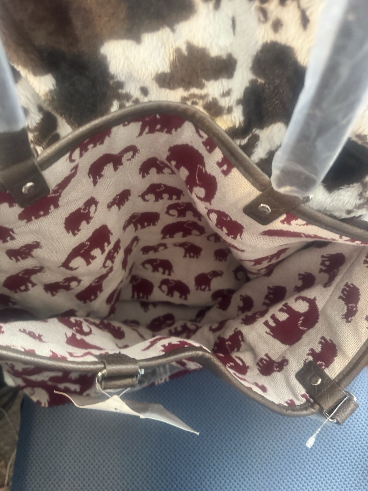 Thirty-One Burgundy & Cream Elephant Print Tote Bag Brown Faux Leather Handles