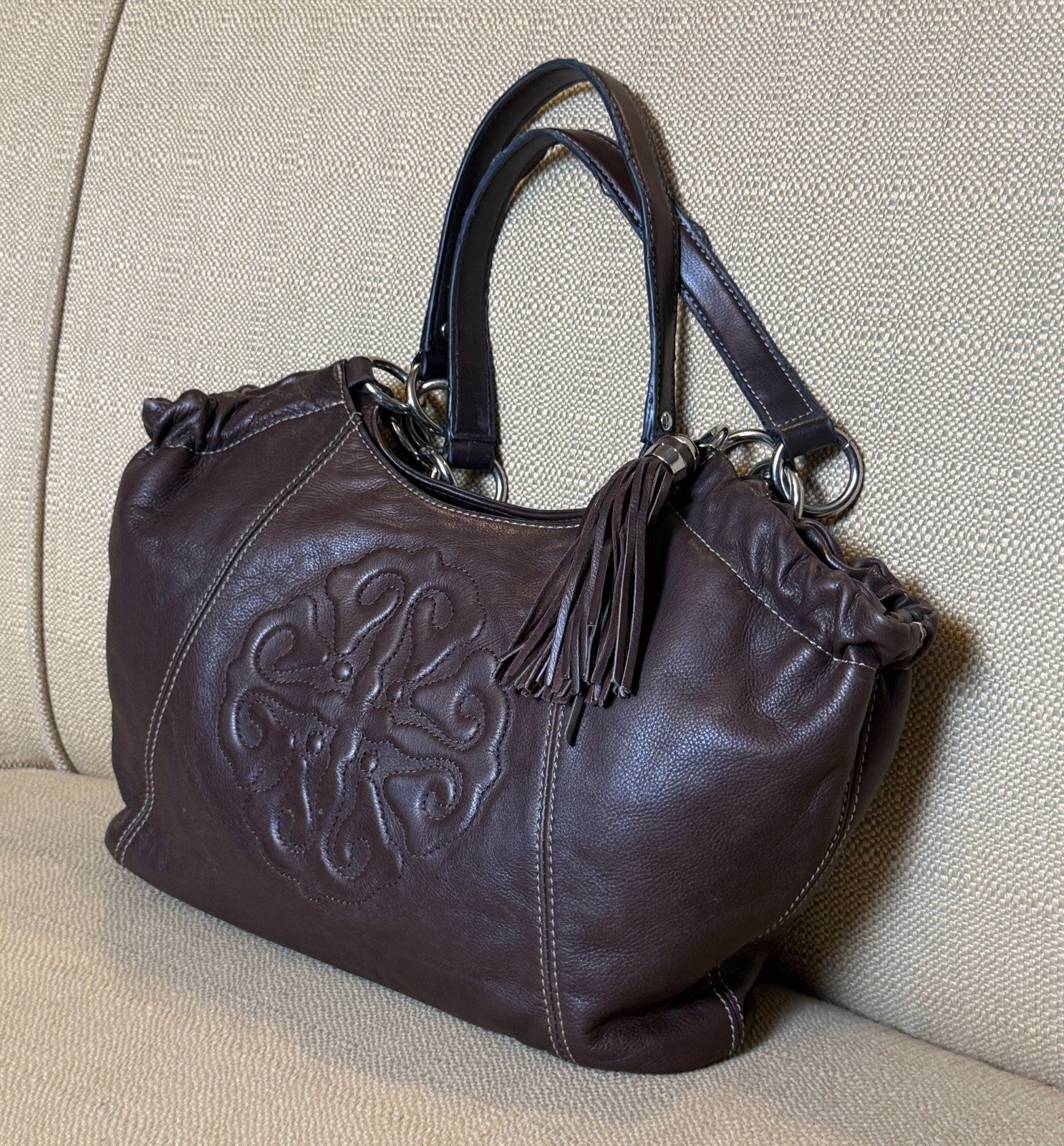 Solina Brown Genuine Leather Hobo Shoulder Bag Satchel Embossed Scroll Emblem