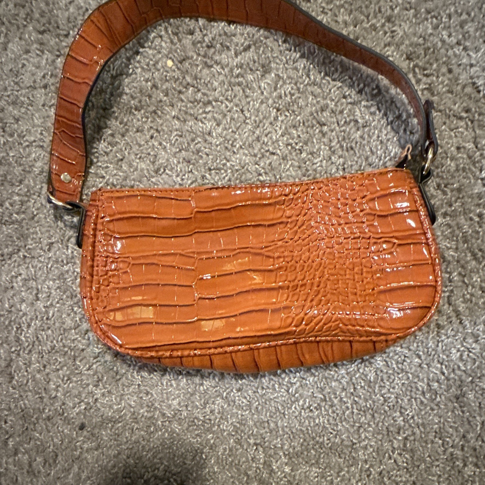 Brown Croc Embossed Glossy Shoulder Bag Small Zip Closure Gold Hardware