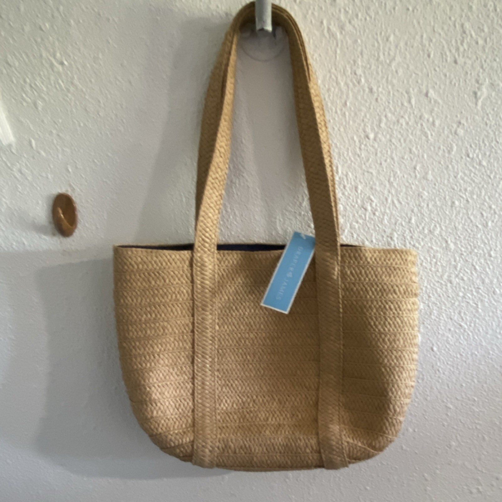 Draper James Large Beige Woven Tote Shoulder Bag Magnetic Snap Navy Lined
