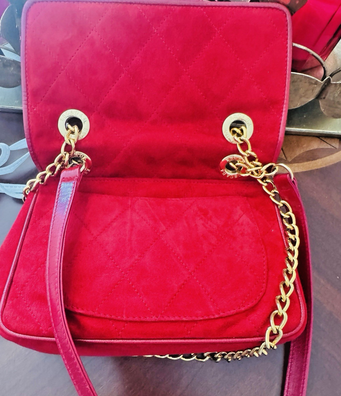 Escada Shoulder Bag ~ Red Suede Bag Gold Tone Hardware ~ Leather Trim Chain Link
