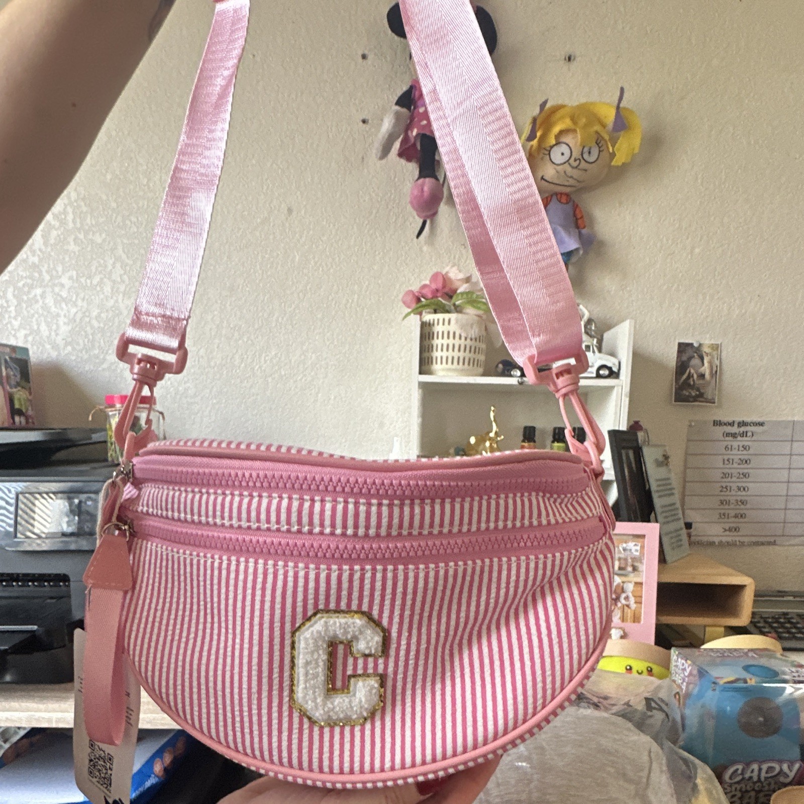 Pink & White Striped Crescent Crossbody Bag Zip Letter C Patch Adjustable Strap