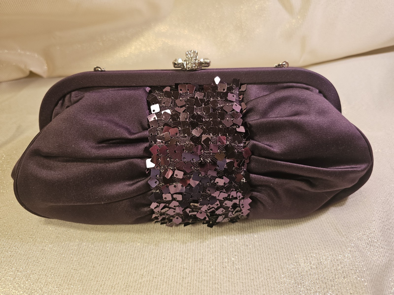 Deep Purple Satin Clutch Purse Shoulder Bag Sequins with Rhinestone Clasp