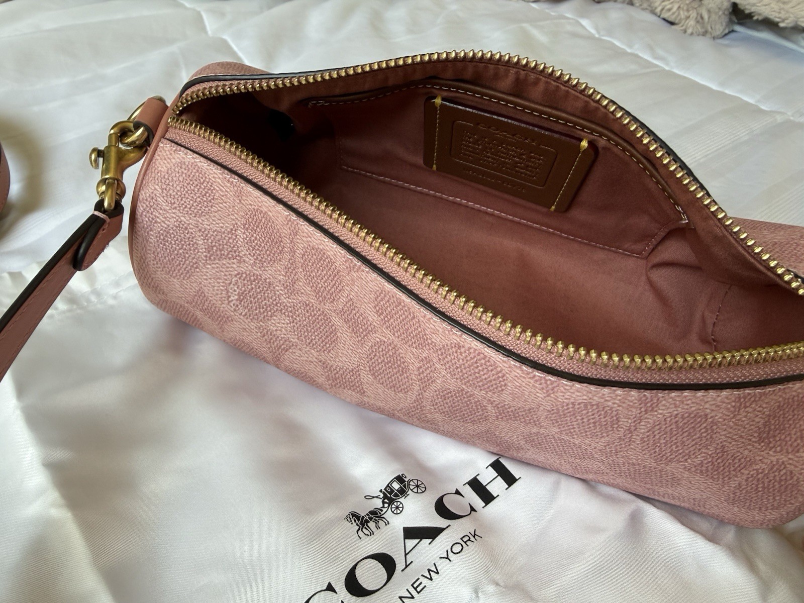Coach Barrel Bag in Melon Pink with Brass, Detachable Strap Charm, Satin Case