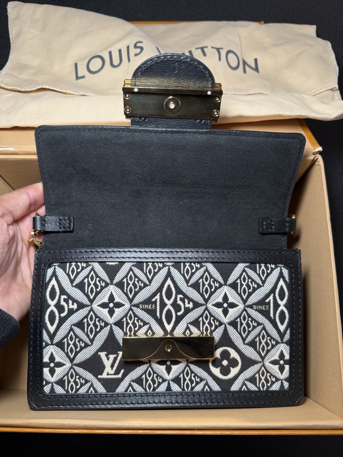 Louis Vuitton Black Blue Jacquard Since 1854 Dauphine Chain Wallet w/ Dust Bag