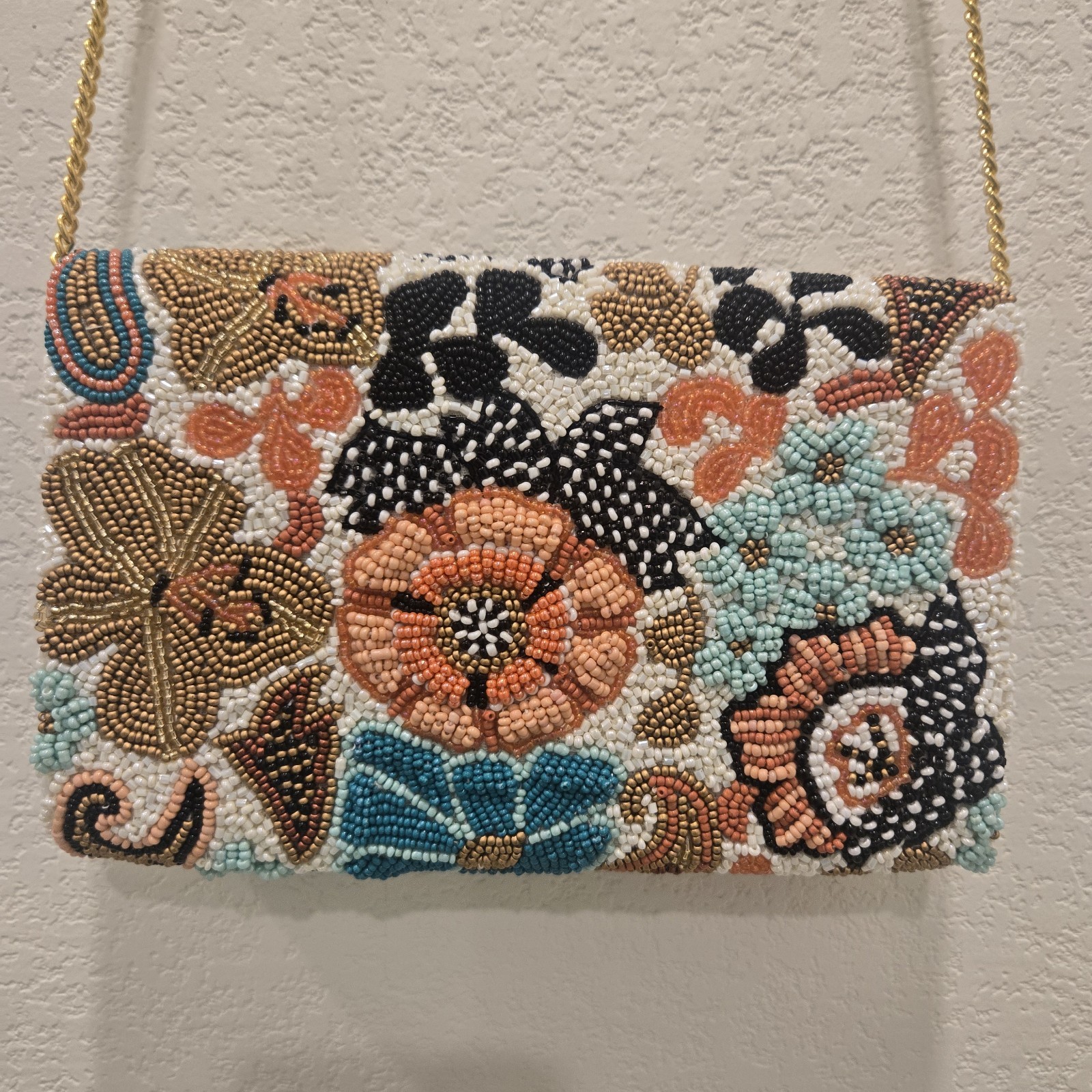 Tiana NY Beaded Floral Multiclr Crossbody Clutch with Gold-Tone Chain, Magnetic