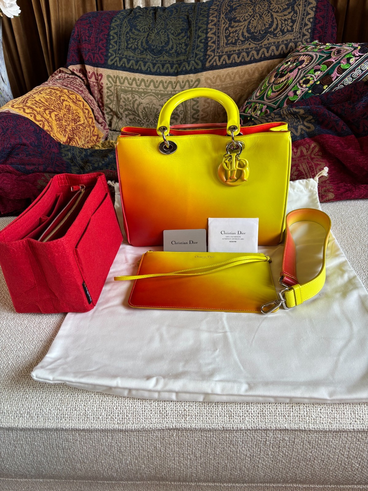 Christian Dior Classic Diorissimo Medium Tote Yellow/Orange Ombre- Pouch, Snaps