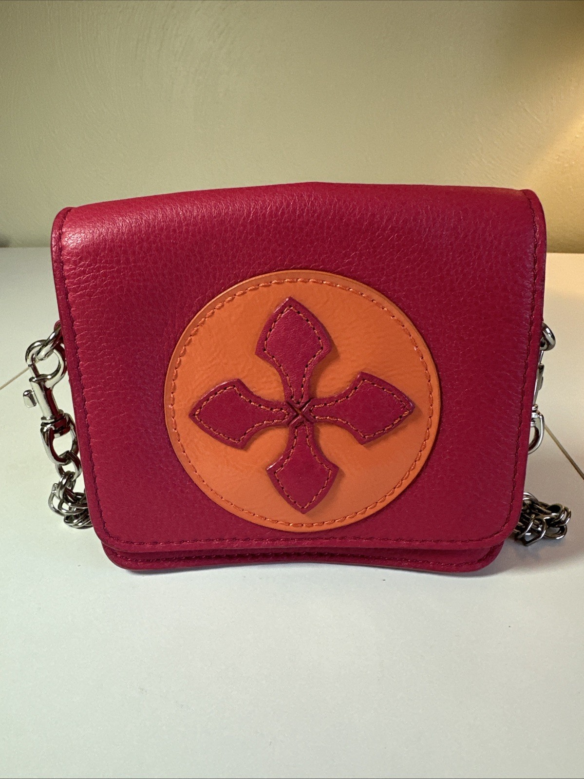 Kate Landry Leather Crossbody Small purse, Dark Pink And Orange, Metal Strap