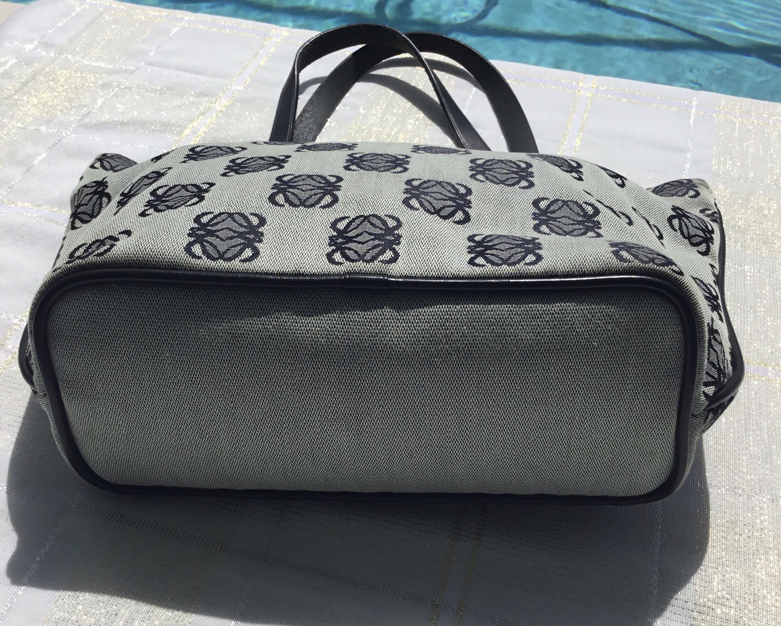 Loewe Anagram Patterned Canvas Tote With Navy Leather Handles Trim With COA