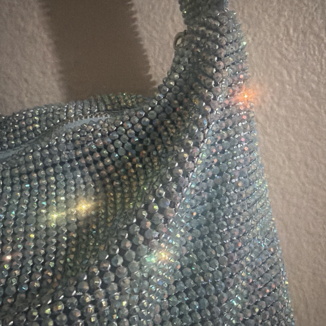 Blue Rhinestone Crystal Shoulder Bag Zip Closure Chain Strap Detachable