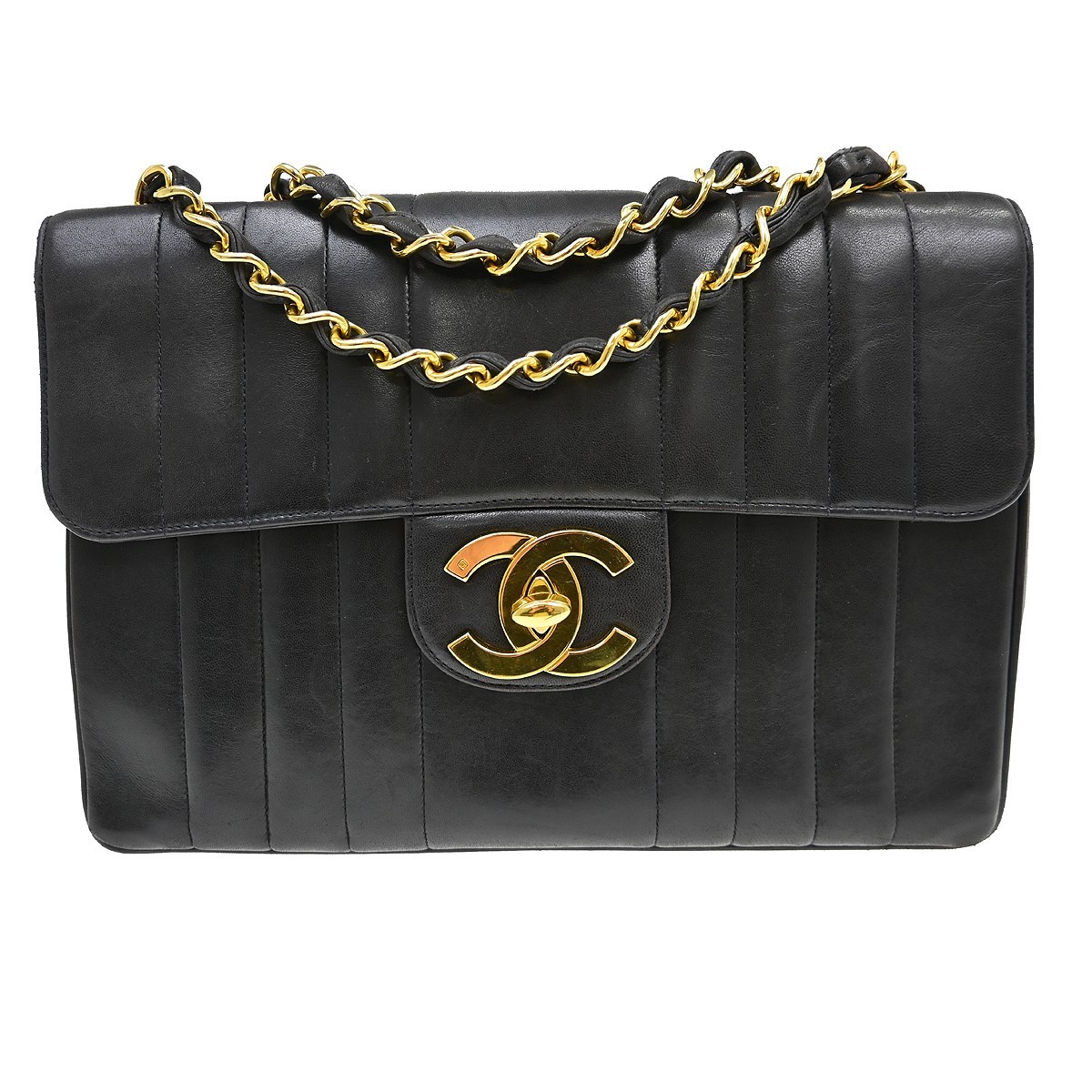 Chanel Black Lambskin Jumbo Vertical Stitch Classic Flap Bag NQ09468