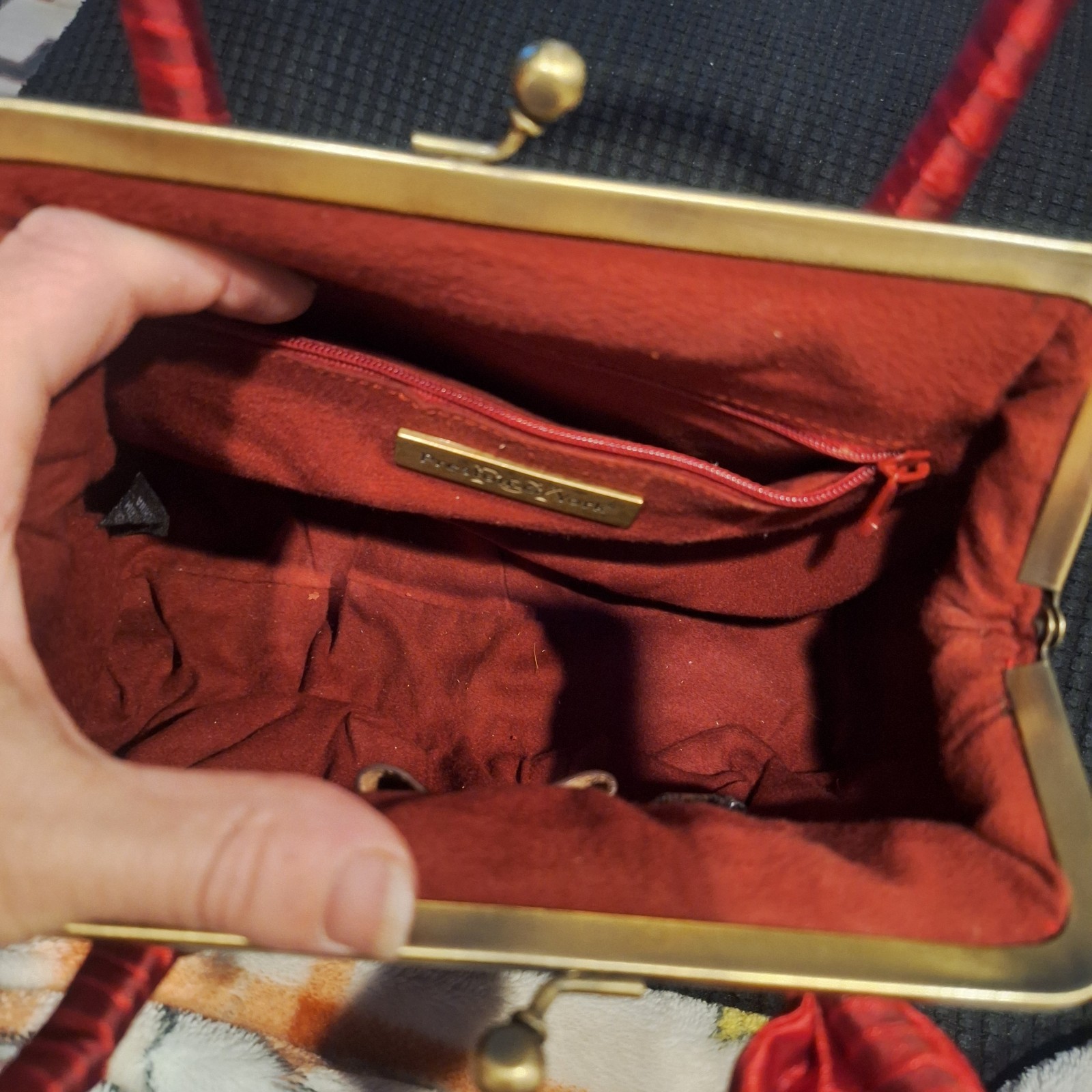 Crocodile Leather Frame Handbag W/ Kiss Lock Closure And Red Handle