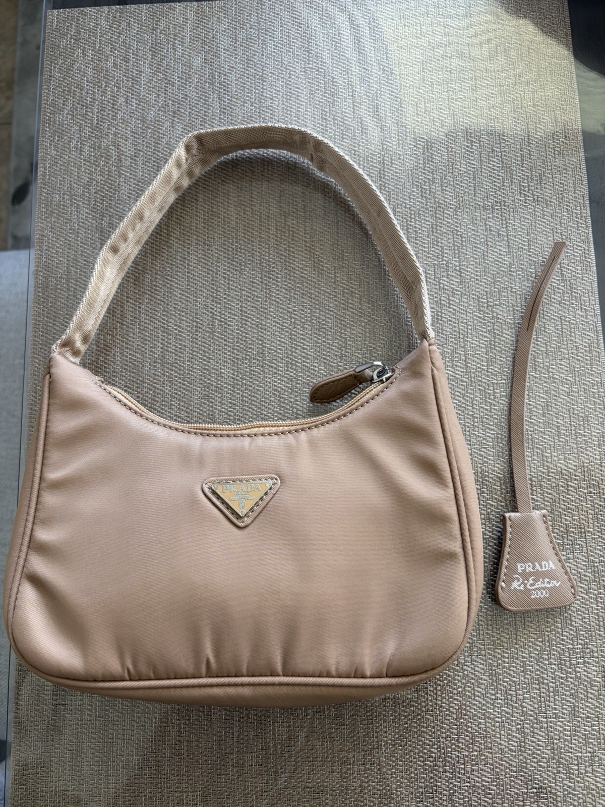 PRADA Beige Logo Shoulder Bag Zip Closure Silver Hardware Dust Bag & Charm