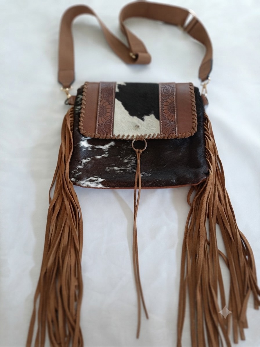 Myra Bag Cowhide & Hand Tooled Leather Crossbody Western Fringe Adjustable Strap