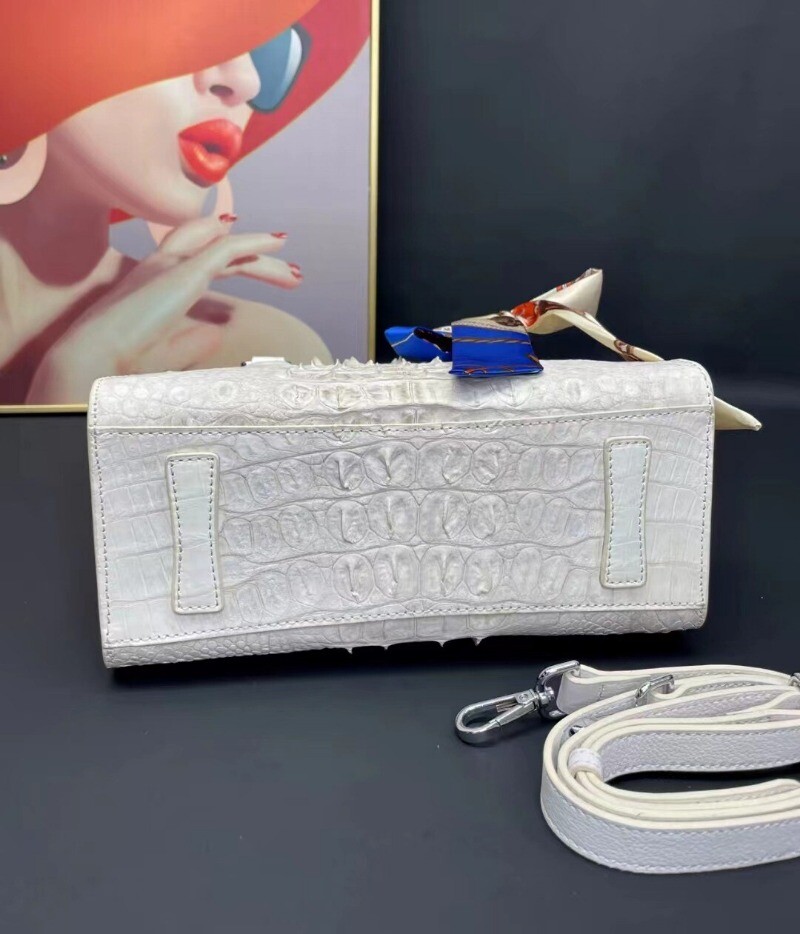 White/Black Handcrafted Genuine Croco Skin Leather Handbag Women’s Shoulder Bag