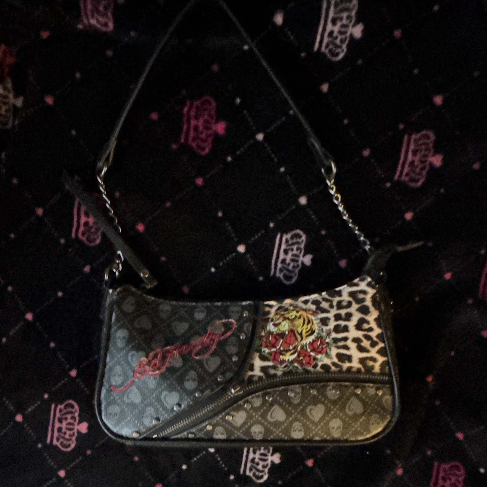 Ed Hardy Women’s Ed Hardy Purse Cheetah Print Shoulder Bag Skulls and Heart New
