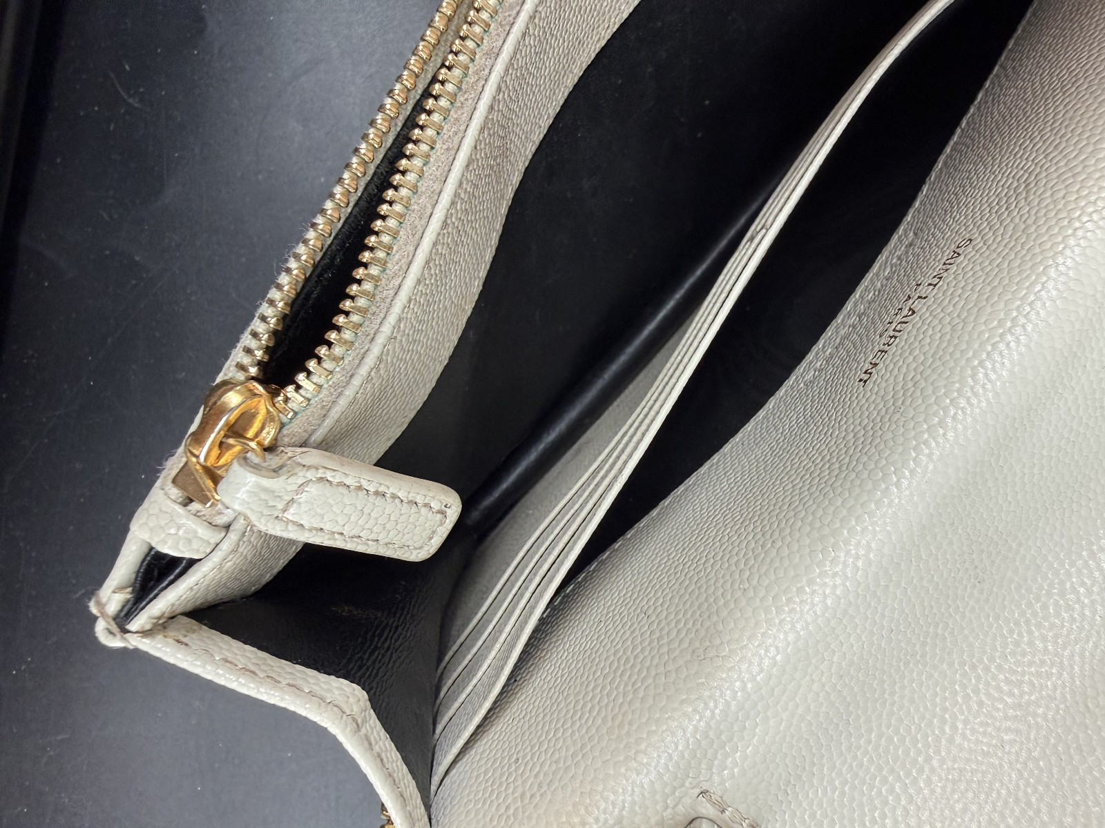 Saint Laurent Cassandre Envelope Crema Leather Chain Wallet