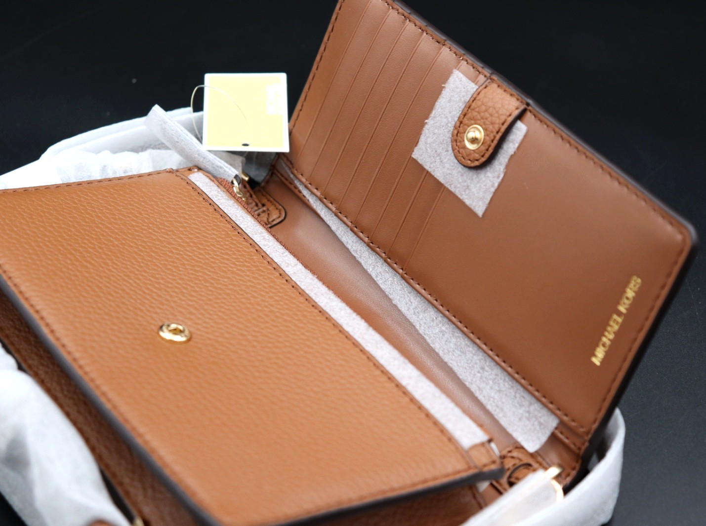 MICHAEL KORS women’s Mini phone Crossbody Luggage/Gold — NWT