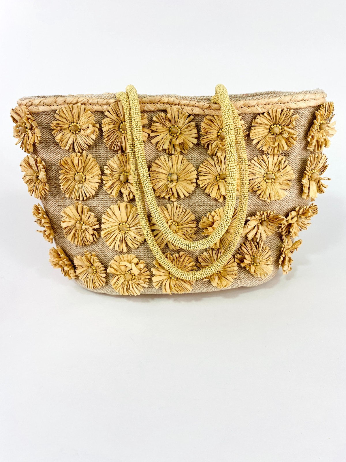 Handcrafted in India Raffia Straw Flower Tote Bag Beaded Handle Beach Boho