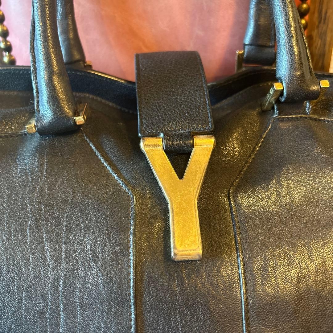 Yves Saint Laurent Cabas ChYc Leather Satchel Bag Handbag Navy from Japan