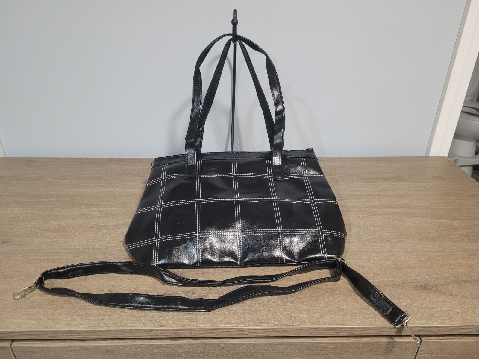 Black with white stitching satchel/purse pleather W/ Adjustable shoulder strap