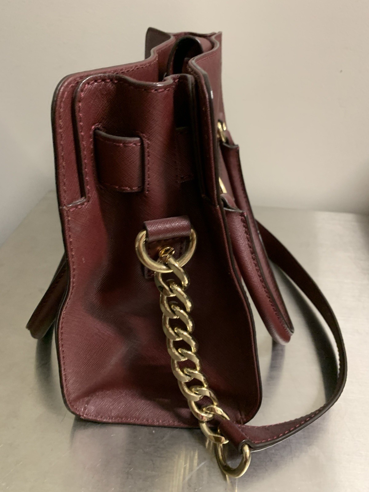 Michael Kors Hamilton Large Burgundy Merlot Saffiano Leather Satchel Lock Key