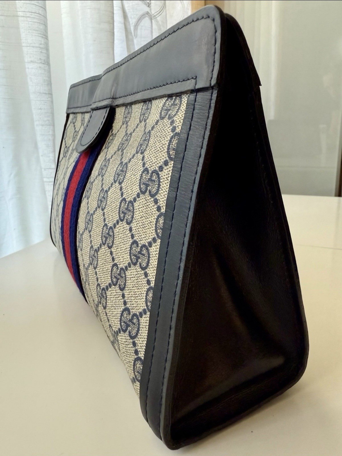 GUCCI GG Monogram Navy Leather Vintage Web Sherry Line Clutch Bag