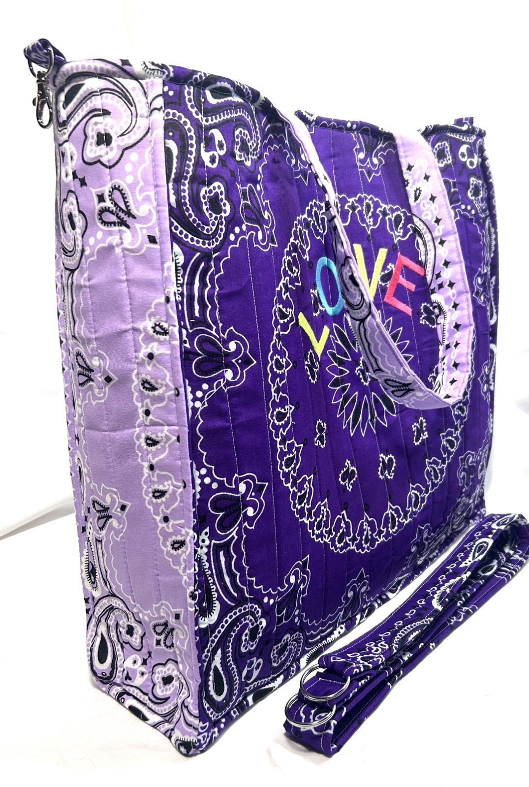15.5×18” Quilted & Embroidered Purple & Lavender Bandana Bag Removable Straps