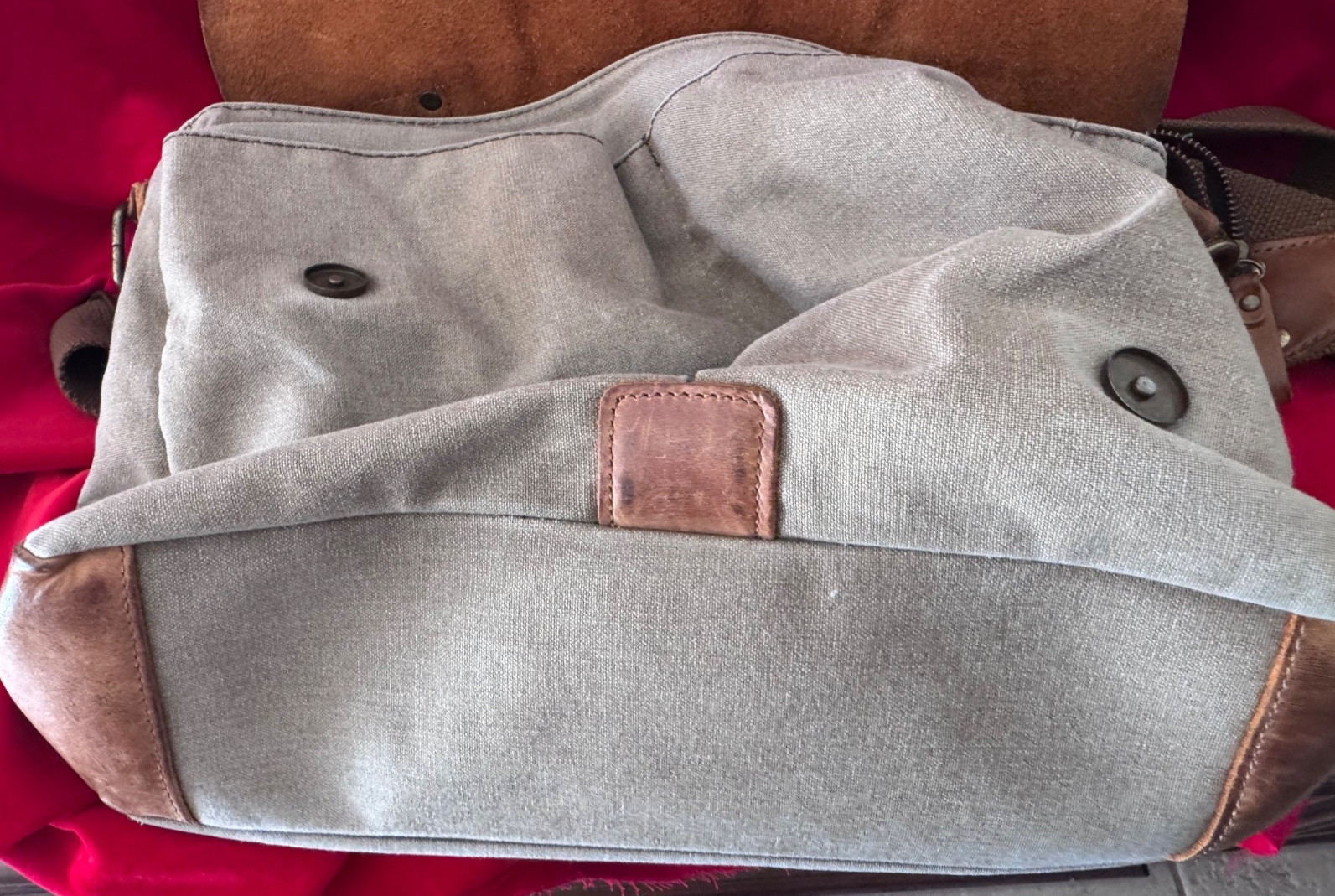 Crossbody Bag Canvas & Brown Leather Adjustable Shoulder Strap w Flap Style
