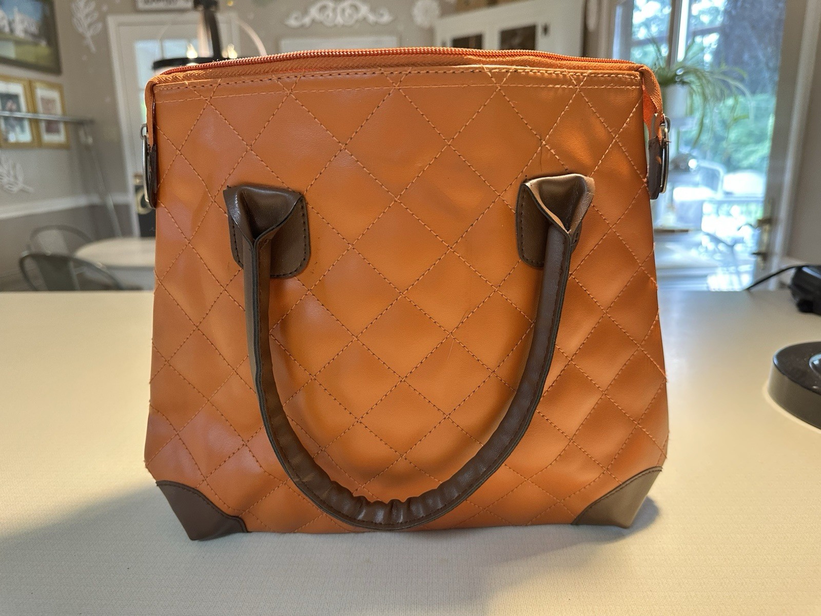 Brown Quilted Zip-Top Satchel Top Handle Bag, Double Handles, Silver Hardware