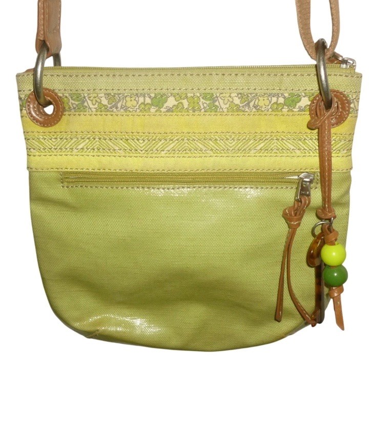 Fossil Key-Per Crossbody Bag Lime Green Coated Canvas Floral Trim Boho Bag