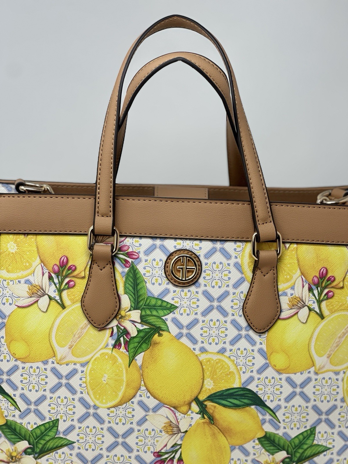 Giani Bernini Handbag Yellow Lemon Print Saffiano Medium Book Tote Purse