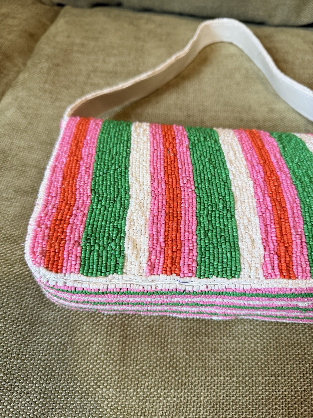 Handmade Beaded in India Shoulder Bag Striped Polka Dot Pink Green w/Charm Viral