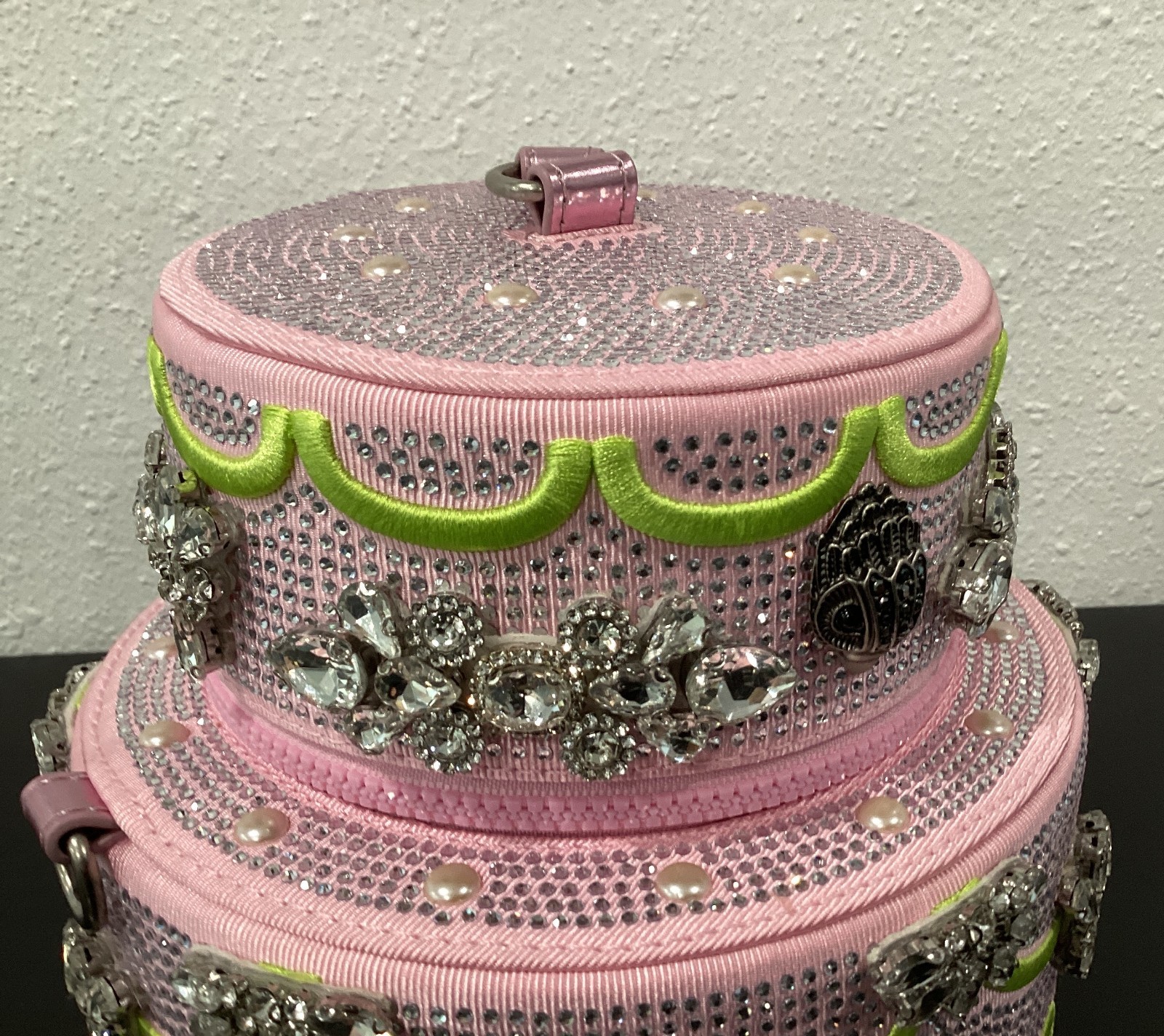Kurt Geiger Small Cake 6″ x 6.5″ Pink Fabric Crystals Lime Icing Zip Crossbody