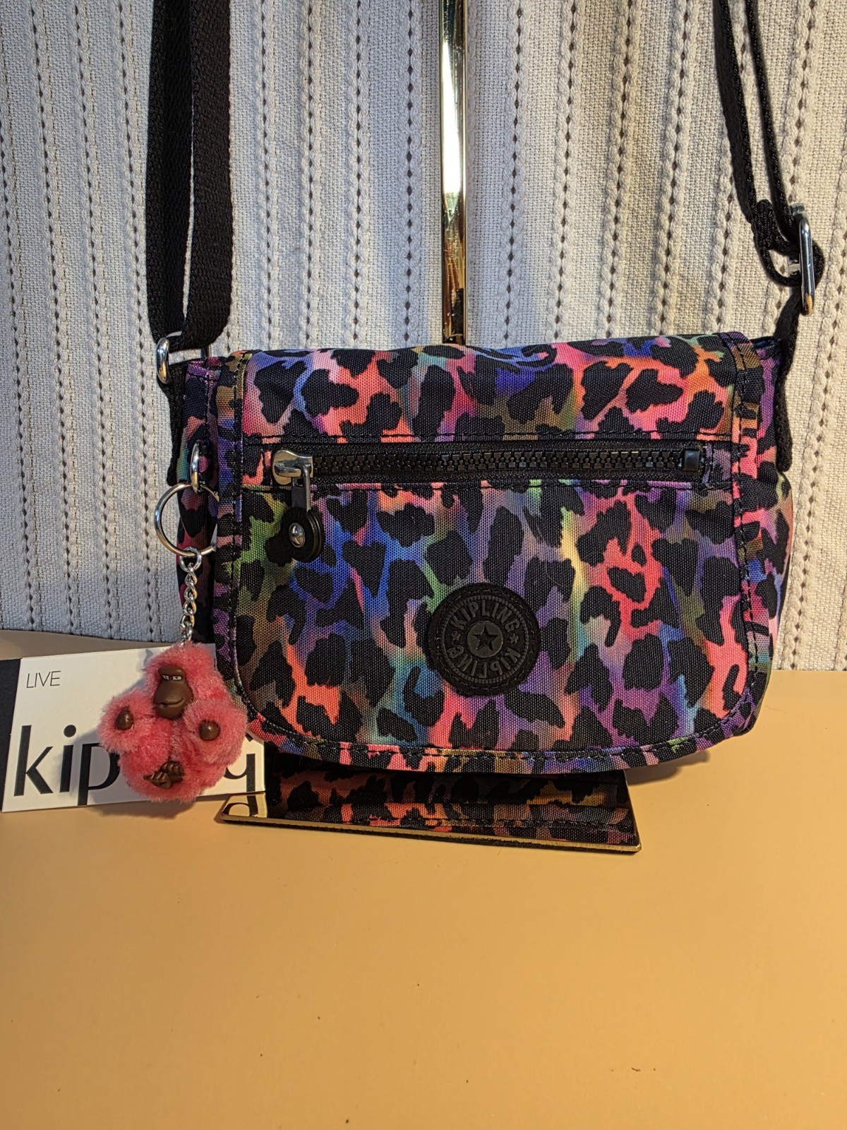 New Kipling Sabian Rainbow Jungle Mini Crossbody Bag with Pink Monkey Charm