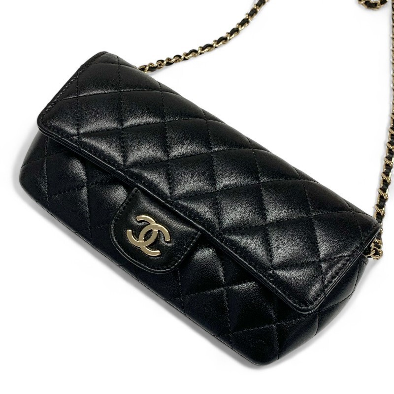CHANEL Lambskin Shoulder Bag Black Gold Hardware Coco Mark 19cm x 9cm