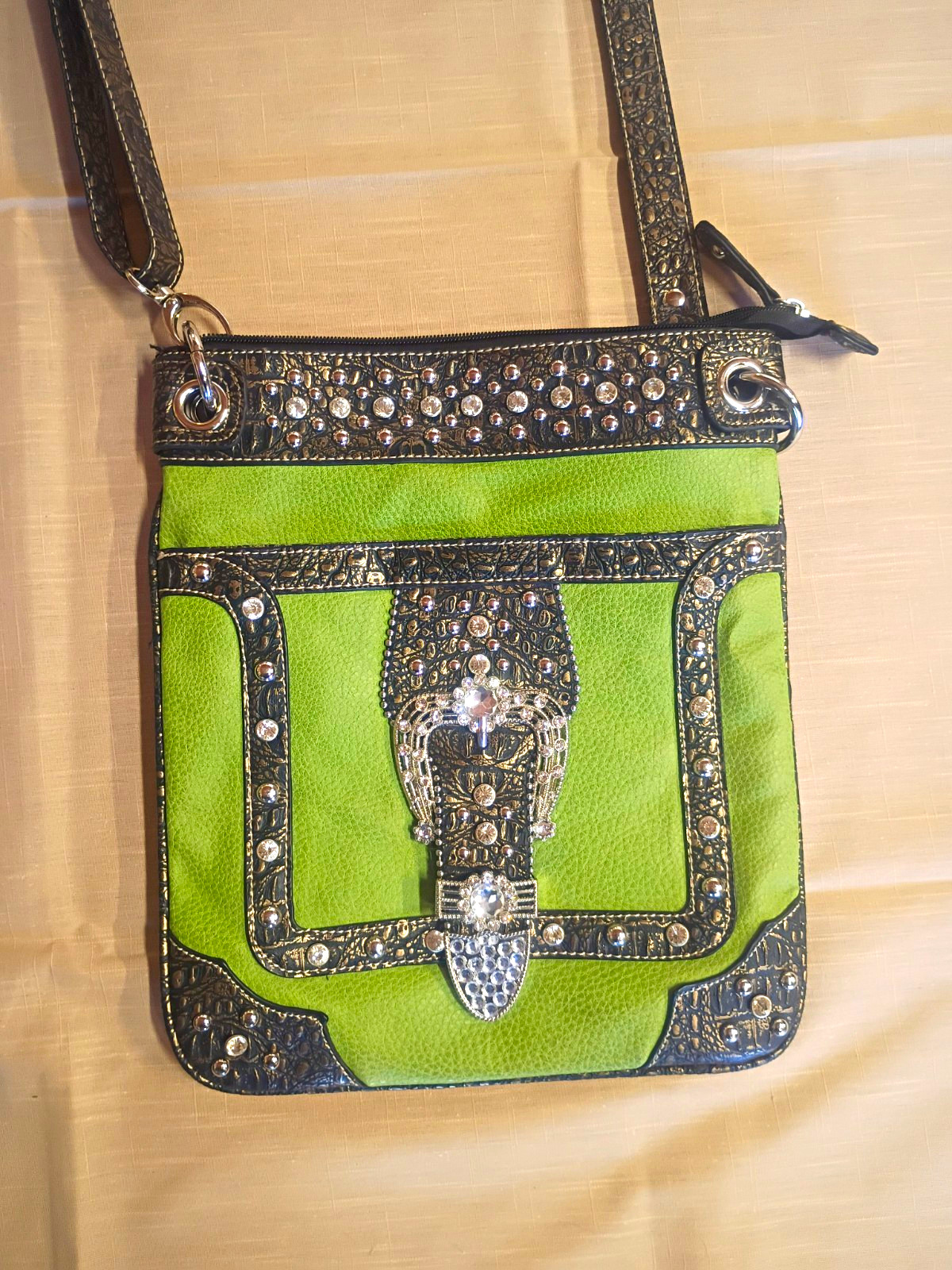 Women’s Green/Black Rhinestone Studded Crossbody Bag Zip