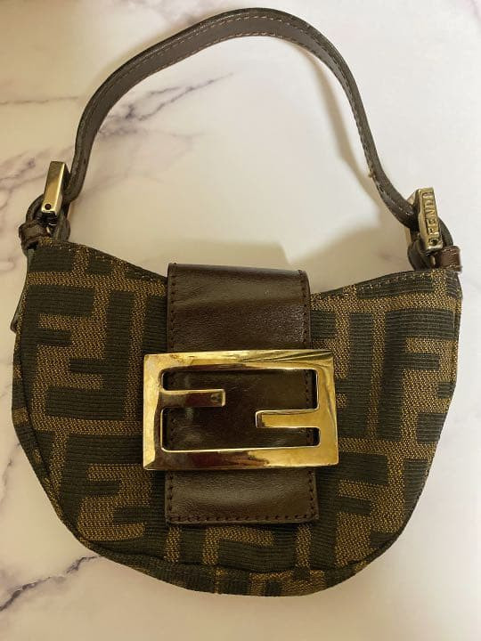 FENDI Mini Croissant Zucca FF Canvas Brown 90s Vintage Small Pouch Authentic