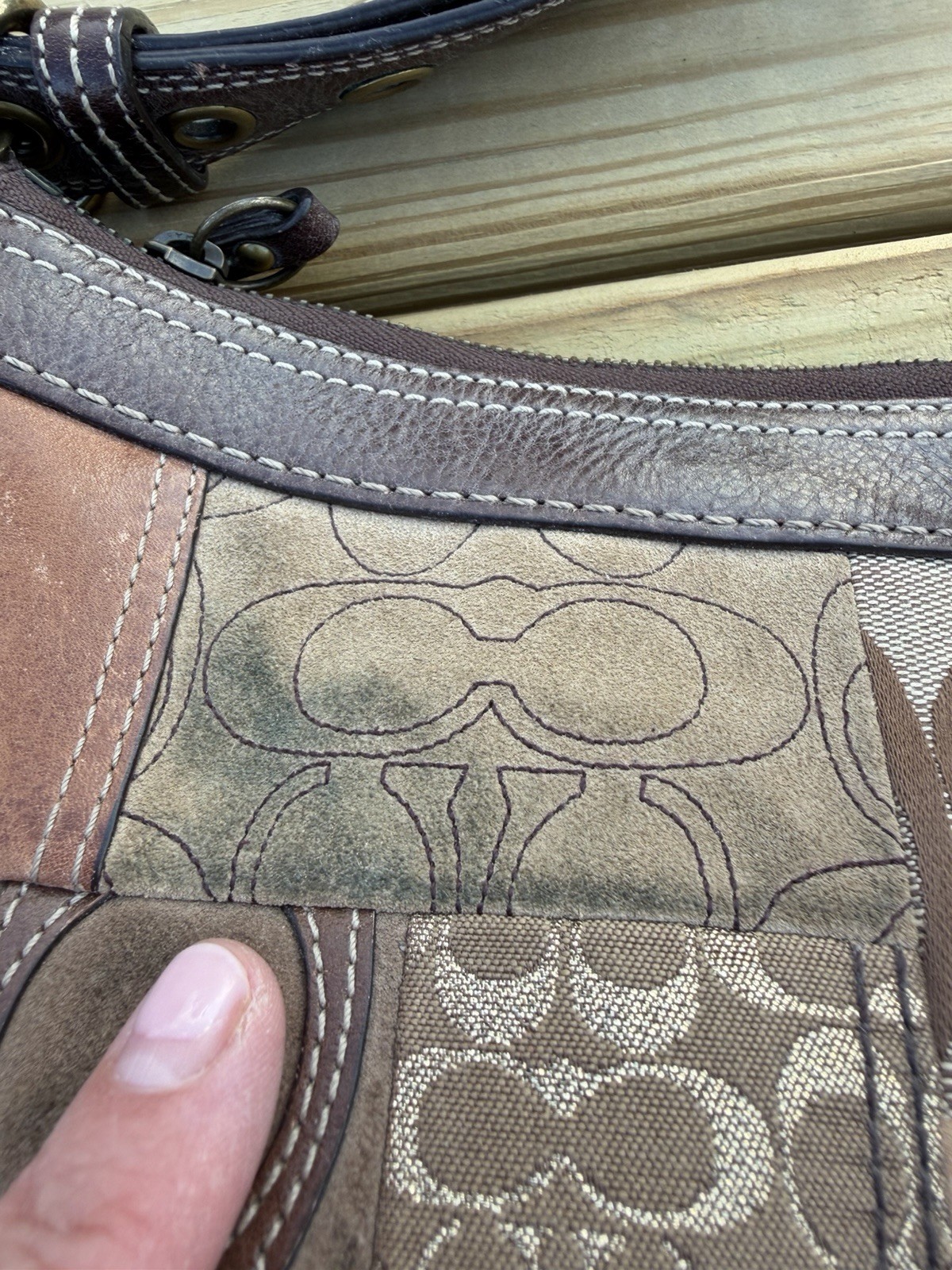 COACH Holiday Patchwork brown leather shoulder bag jacquard logo metallic