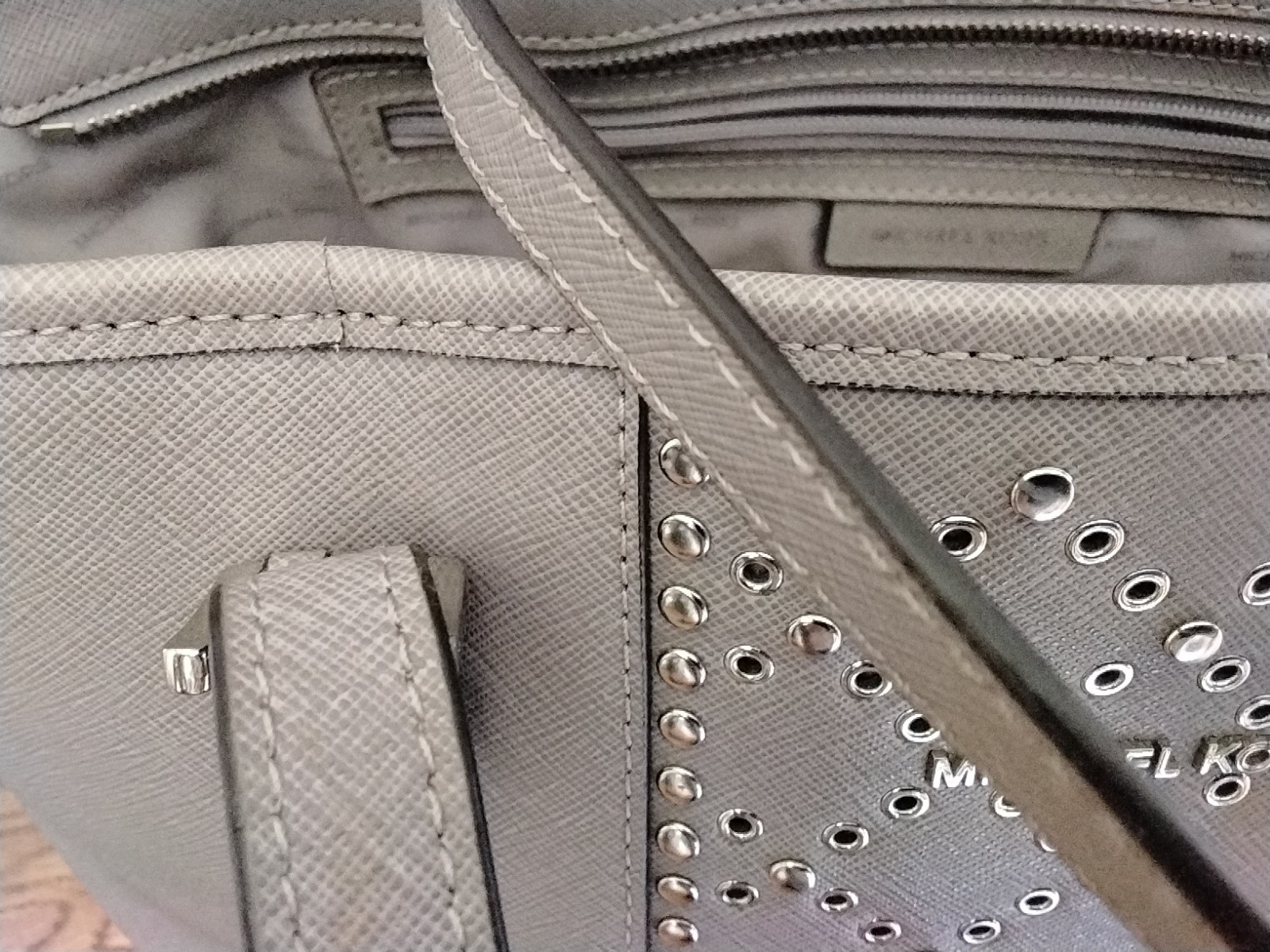 Large Michael Kors Jet Set Travel Embellished Leather Tote, Purse Pearl Gray
