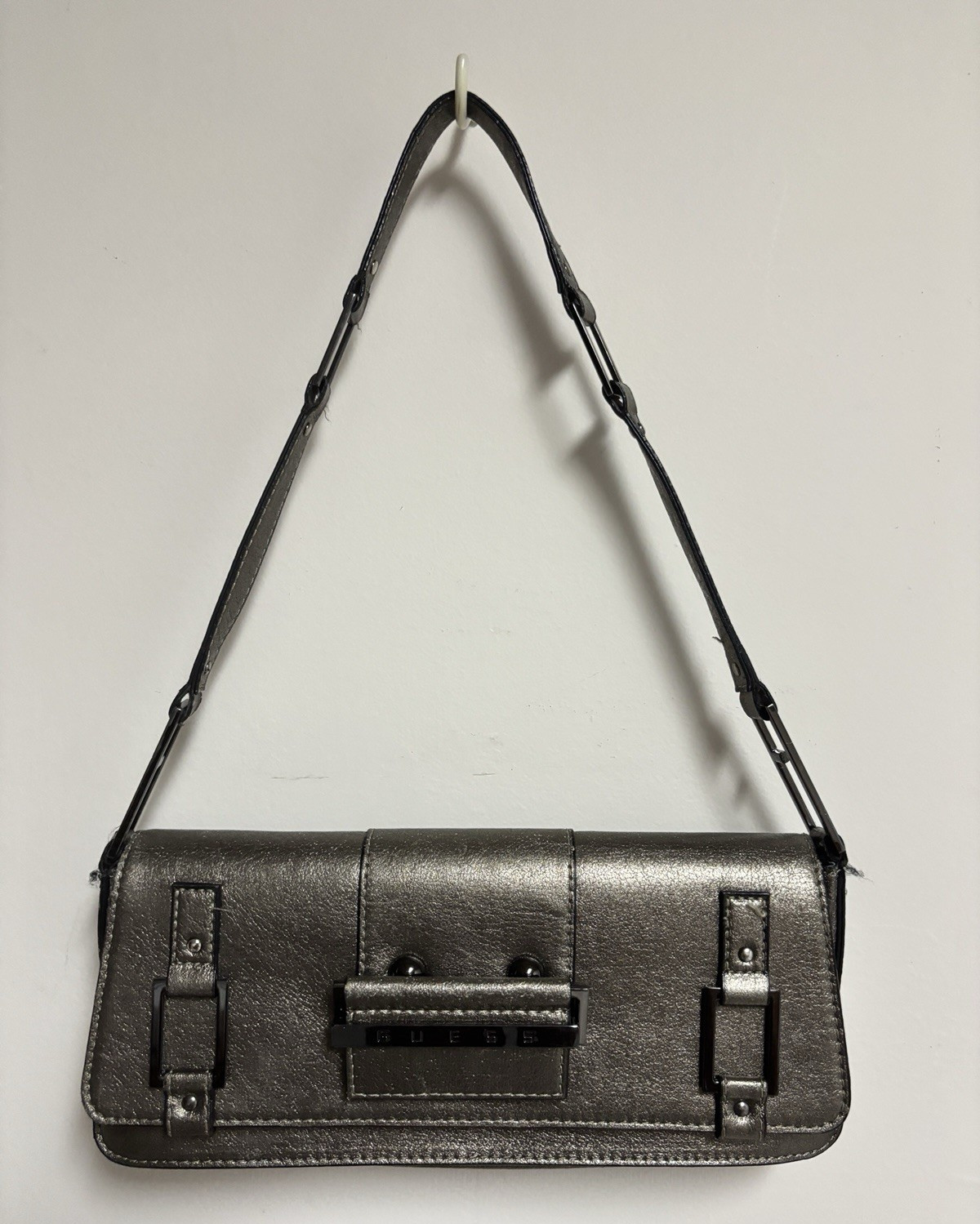 Vintage Y2K GUESS Metallic Baguette Shoulder Bag – Gunmetal Pewter